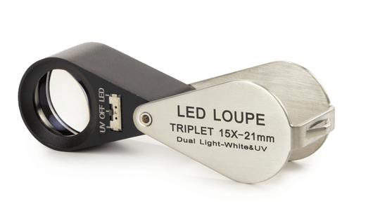 Folding triplet magnifier 15x with LED and UV LED illumination PB.5018-LUV - www.letscopes.com